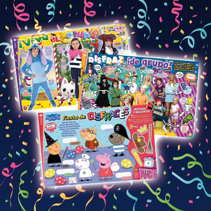 Portadas de la revista Clan (Febrero 2025) con ideas de disfraces infantiles: Stitch, esqueleto, superhéroes y Peppa Pig con disfraces incompletos.