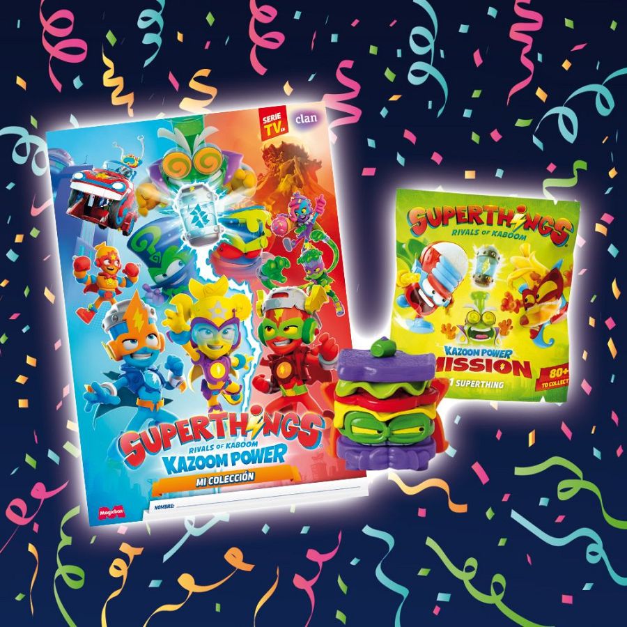 Revista Clan Febrero 2025 con Superthing de hamburguesa.  Ilustraciones de personajes robóticos y cotidianos.  Diseño vibrante, azul y rojo. Incluye bolsa con logo "SUPERTHINGS RIVALS OF KABOOM".