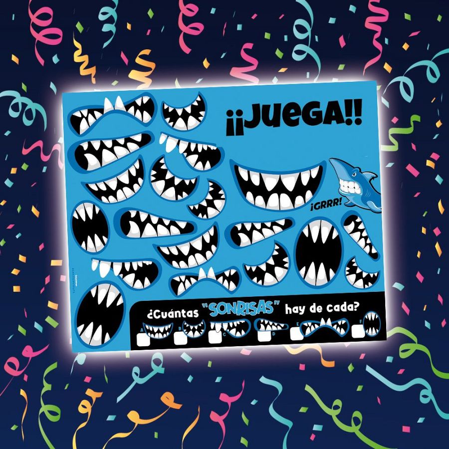 Juego infantil: cuenta las sonrisas (A-F) y anota la cantidad de cada una. Fondo azul con confeti.