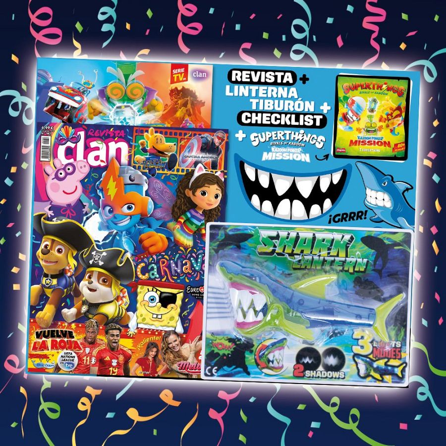 Pack revista Clan febrero 2025: revista, linterna tiburón (3 modos de luz), checklist y DVD Superthings "Misión Kazoom Power". Portada con Peppa Pig y sección deportiva.