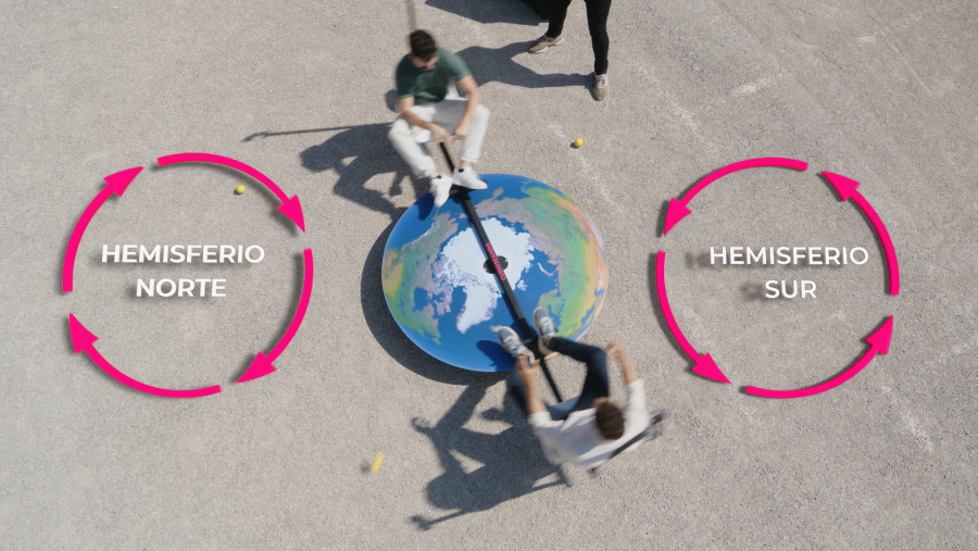 Experimento del Efecto Coriolis: dos personas en un balancín sobre un mapa terrestre, con flechas indicando la rotación en ambos hemisferios.