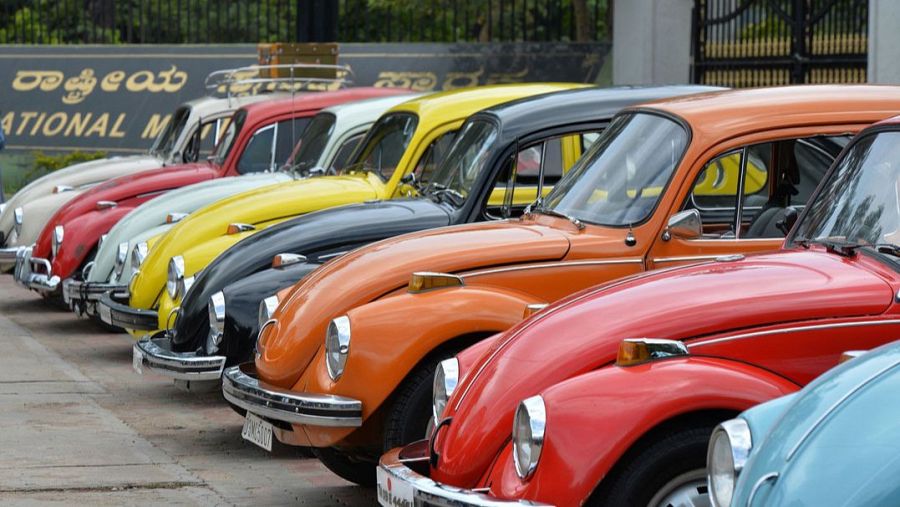 Variados Volkswagen Beetle aparcados diagonalmente en una superficie pavimentada.  Se observa vegetación y una valla al fondo.