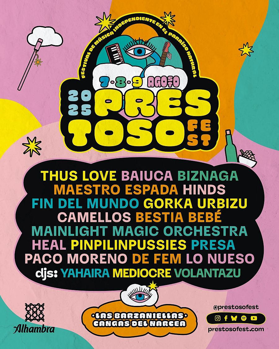 Cartel del Prestoso Fest 2025 (7-9 agosto): música independiente con artistas como Thus Love, Baiuca y Hinds. Diseño psicodélico.