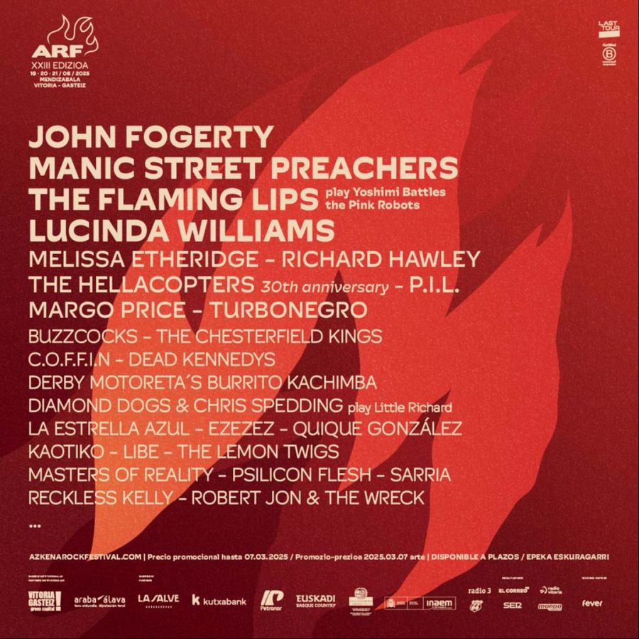 Anuncio del Azkena Rock Festival 2025 (19-21 junio): John Fogerty, Manic Street Preachers, The Flaming Lips y más.  Precio promocional de entradas hasta el 07.03.2025.