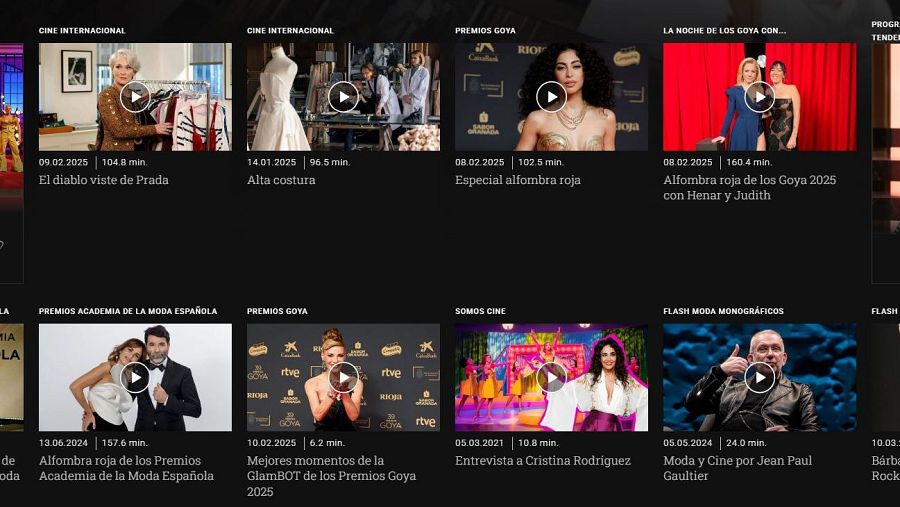 Miniaturas de vídeos de RTVE Play sobre cultura, incluyendo títulos, fechas de publicación y duración; se ven nombres de películas y personalidades.