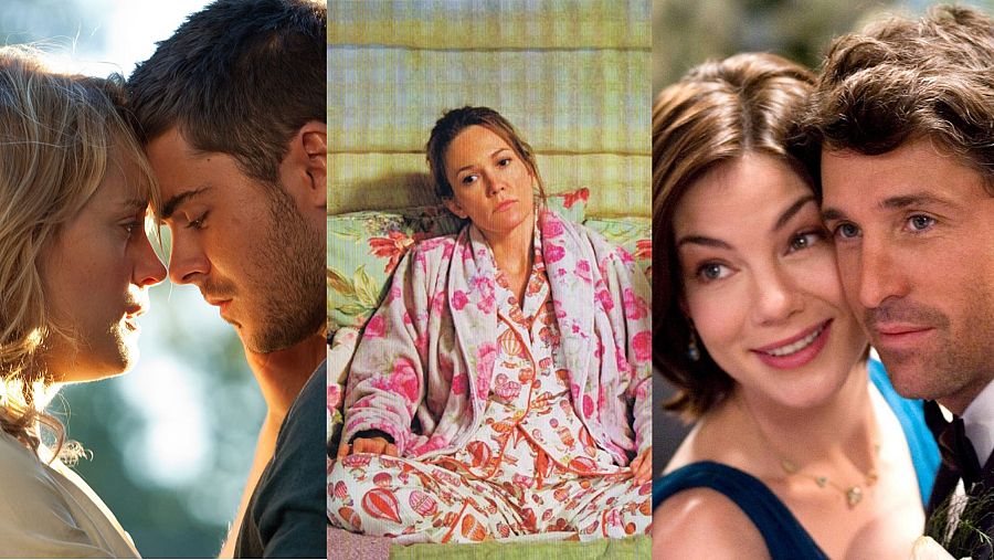 Capturas de tres películas románticas: una pareja enamorada, una mujer pensativa y una pareja elegante (con Patrick Dempsey).  Disponibles en RTVE Play.