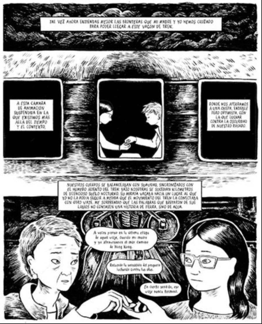 Dos viñetas de un cómic muestran un viaje en tren, con diálogos que reflejan un viaje personal y la relación entre una madre y una hija, usando metáforas de agua y tierra.