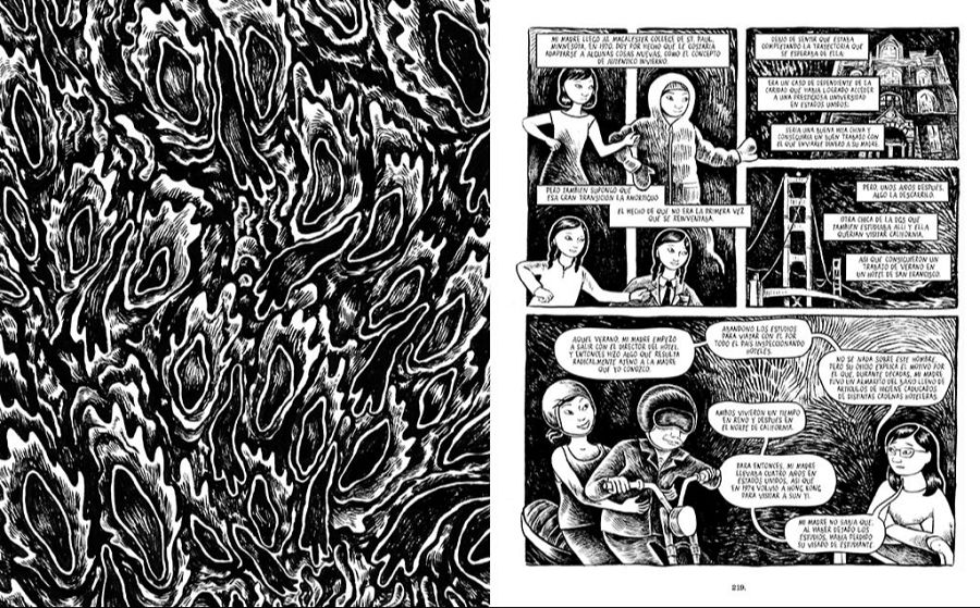 Doble página de cómic: diseño abstracto a la izquierda y seis viñetas con dos mujeres conversando, una casa, el puente Golden Gate y una motocicleta a la derecha. Diálogos en español.