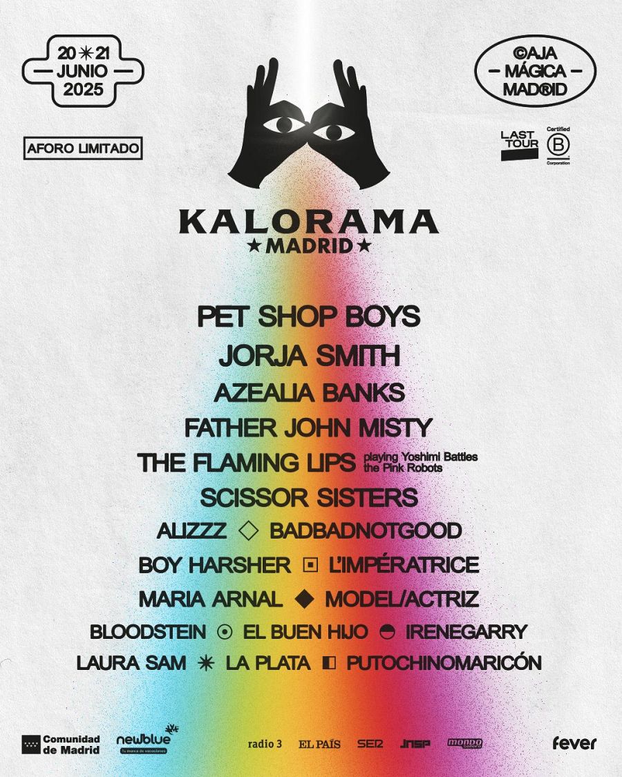 Cartel del festival Kalorama en Madrid (20-21 junio 2025).  Aforo limitado.  Artistas: Pet Shop Boys, Jorja Smith, Azealia Banks, y más.