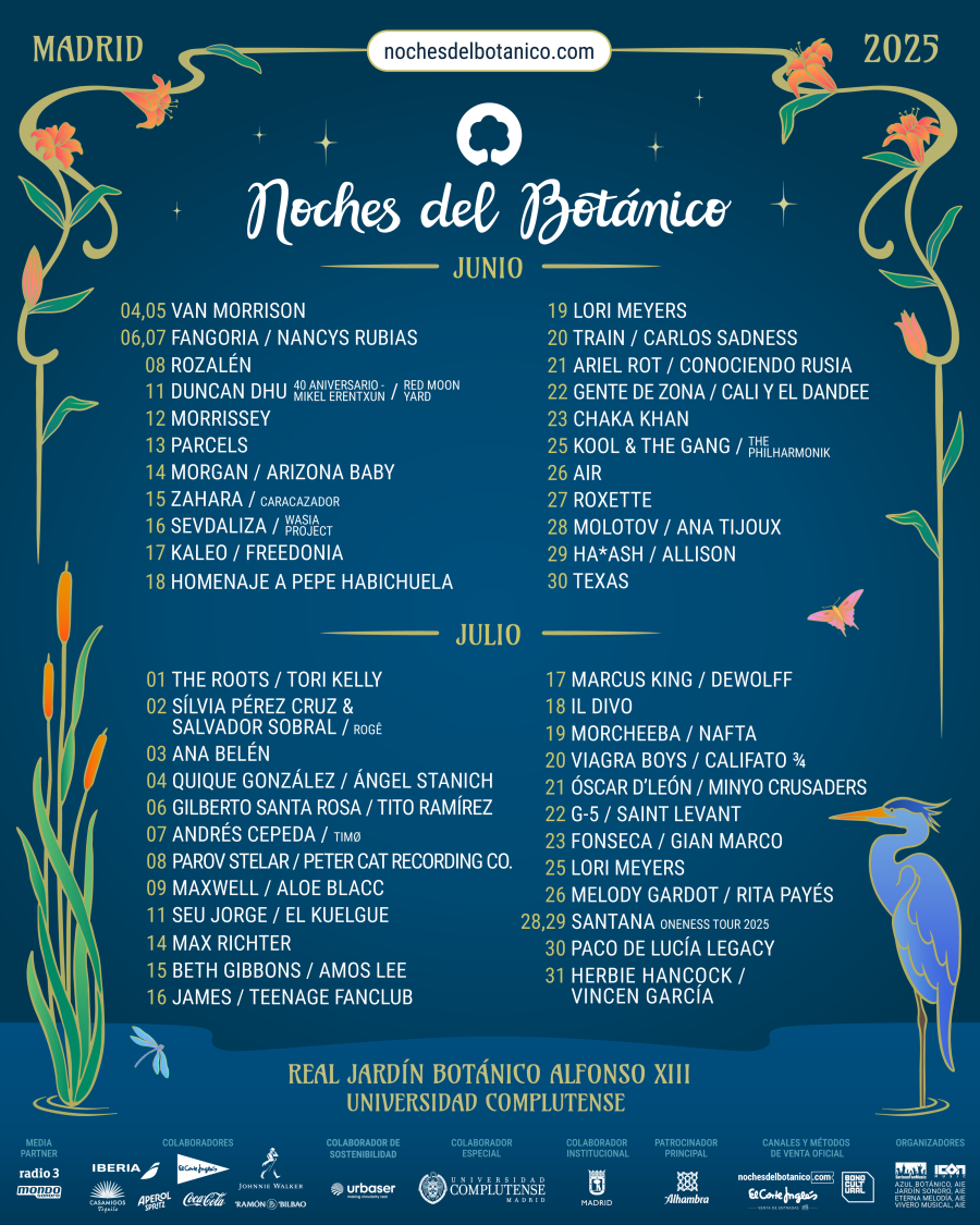 Cartel del festival 'Noches del Botánico' 2025 en Madrid.  Programación de conciertos junio-julio con numerosos artistas.