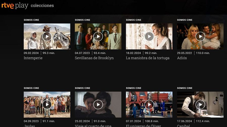 RTVE Play muestra colección de cine andaluz con miniaturas de películas, sus duraciones y fechas de estreno en la plataforma; cada una con botón de reproducción y etiqueta "SOMOS CINE".