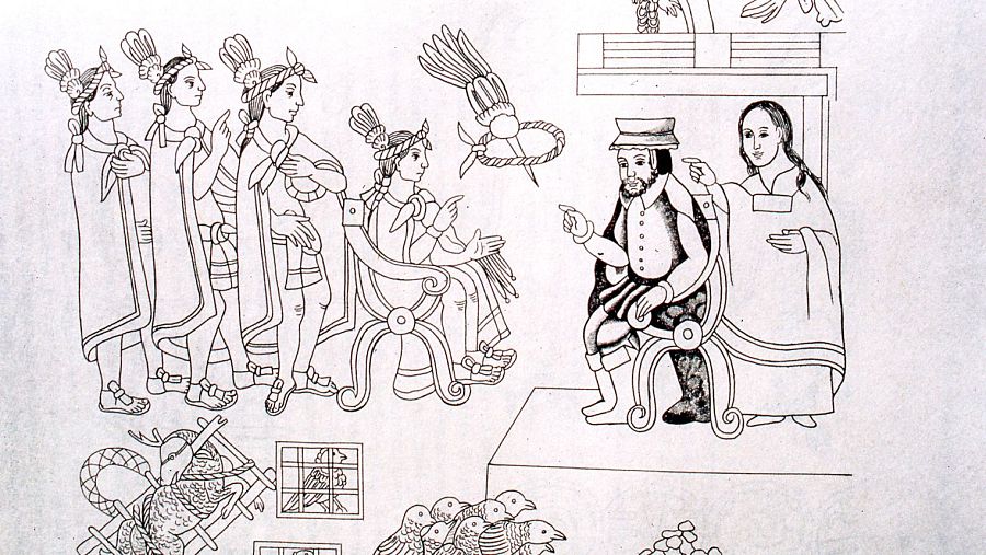 Malinche junto a Hernán Cortés