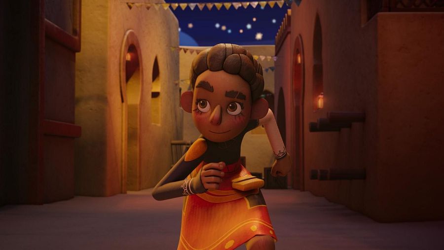 Niña de piel oscura con ropa colorida corre o baila en un pueblo nocturno festivamente iluminado.  Arquitectura de Oriente Medio.