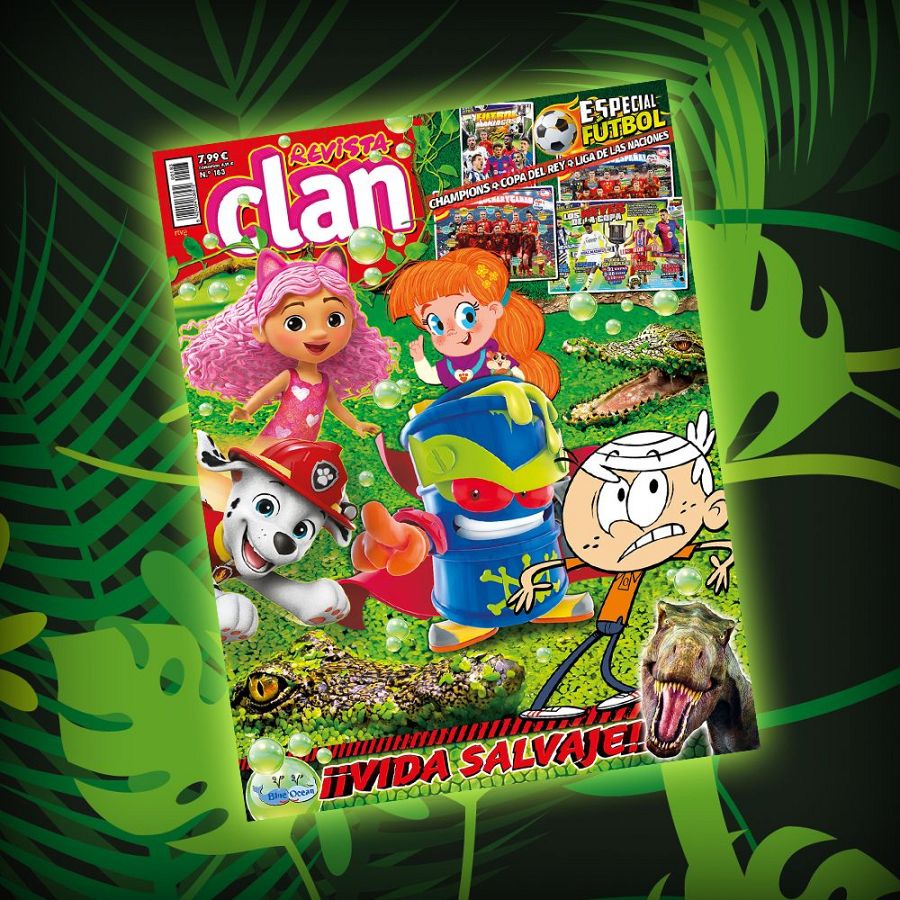 Portada de la revista Clan (marzo 2025): 7,99€.  Personajes animados, dinosaurio, cocodrilo.  Titular: "¡VIDA SALVAJE!".  Especial fútbol.