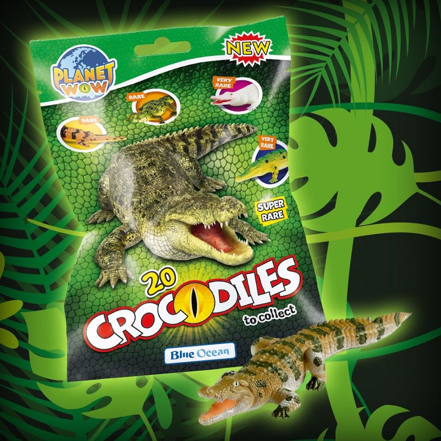 Empaque de figuras coleccionables de cocodrilos Planet Wow.  Muestra 20 figuras para coleccionar con diferentes niveles de rareza (Rare, Very Rare, Super Rare).
