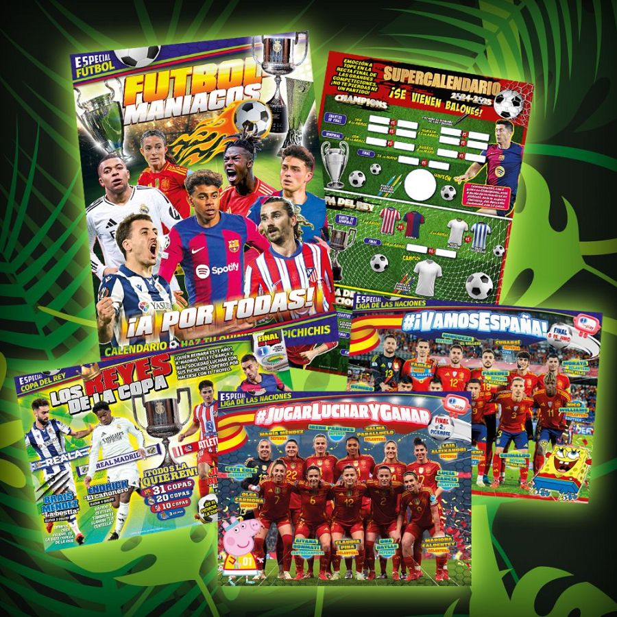 Collage de revistas y pósteres de fútbol para niños y jóvenes, con portadas de La Liga, un supercalendario y un especial Copa del Rey.  Incluye un póster de la selección femenina española con el lema "Jugar, luchar y ganar".