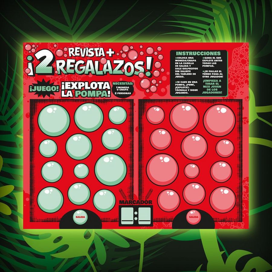 Juego recortable para dos jugadores: mueve una moneda por un tablero con pompas, explotándolas. Gana quien explote todas sus pompas primero.