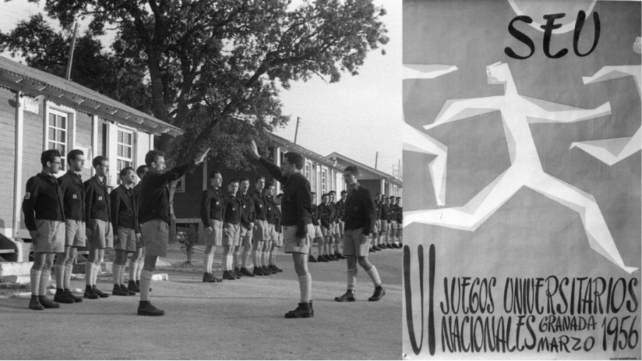 Militantes del Sindicato Universitario Español (SEU) en Casa de Campo, en 1948  / Cartel deportivo del SEU