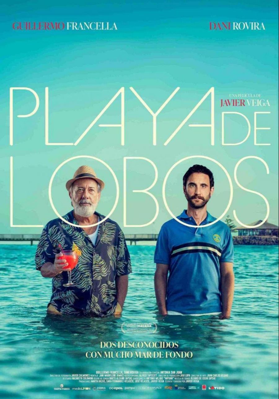 Póster de 'Playa de Lobos': Francella y Rovira en el mar, uno con camisa hawaiana y sombrero, el otro con polo azul.  Fondo marino y muelle.