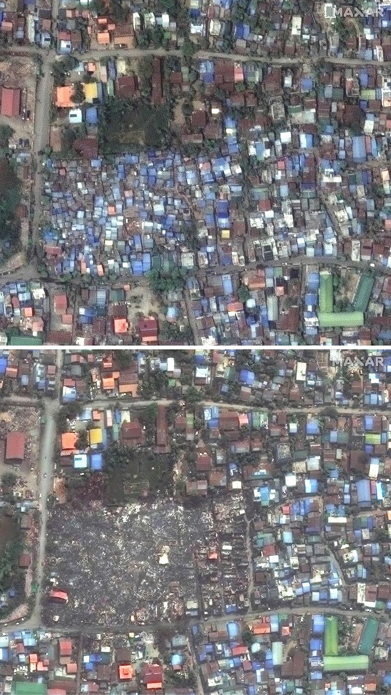 Este combo de imágenes de satélite muestra chabolas y edificios antes (arriba) y derrumbados tras el terremoto (abajo), en Mandalay