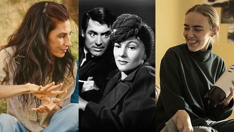 Tríptico de imágenes promocionales del podcast "Y tú sin saberlo", mostrando escenas de tres películas: una mujer, Cary Grant y Joan Fontaine, y una mujer con un micrófono.