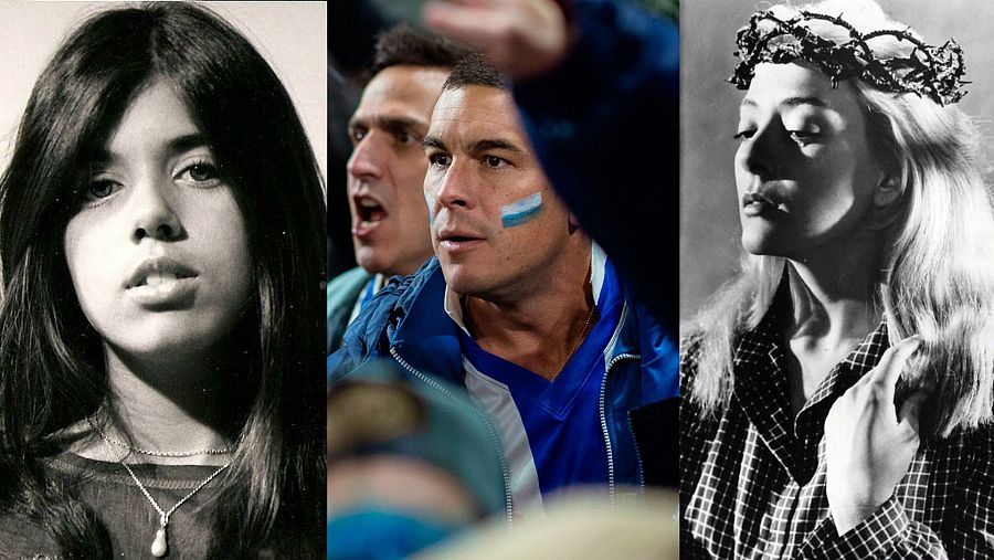 Collage con fotos en blanco y negro de Jeanette, un hincha de fútbol con pintura facial y Silvia Pinal en una escena cinematográfica.  Representación visual del tema "Somos cine".