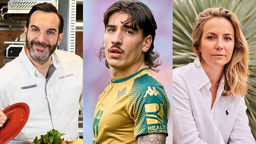 Retratos de Mario Sandoval, Héctor Bellerín y Odile Rodríguez de la Fuente en sus respectivos entornos profesionales, anunciando su participación en el podcast 'HOPE!'.