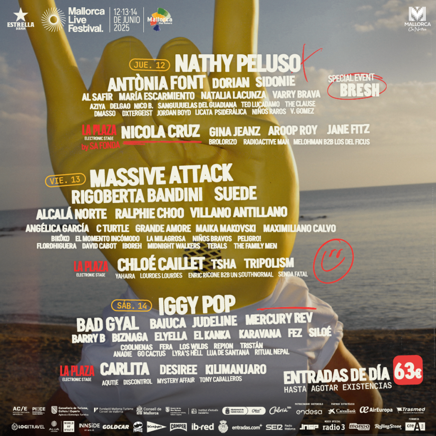 Cartel del Mallorca Live Festival 2025 (12-14 junio).  Artistas como Nathy Peluso e Iggy Pop. Entradas de día: 63€.