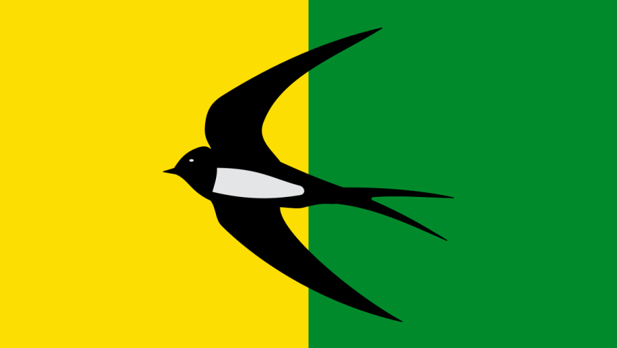 Bandera bicolor (amarillo y verde) con silueta de golondrina negra y franja blanca en el ala inferior.