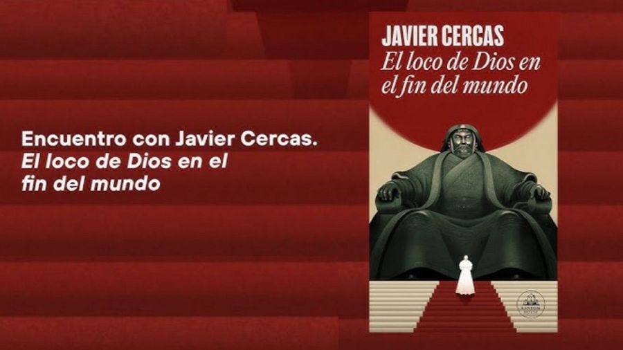 Ilustración de una figura entronizada y otra pequeña ante ella, anunciando un encuentro con Javier Cercas y su libro "El loco de Dios en el fin del mundo".