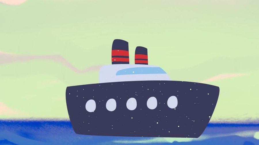Crucero azul oscuro con chimeneas rojas y blancas, navegando sobre un mar azul bajo un cielo pastel.  Detalles como estrellas en el casco sugieren un ambiente de fantasía.
