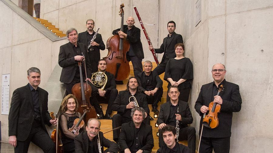 Catorce músicos del Grupo Enigma posan en una escalera con sus instrumentos:  contrabajo, fagot, oboe, violonchelo, trompa, trompeta, violines, clarinete y flauta.