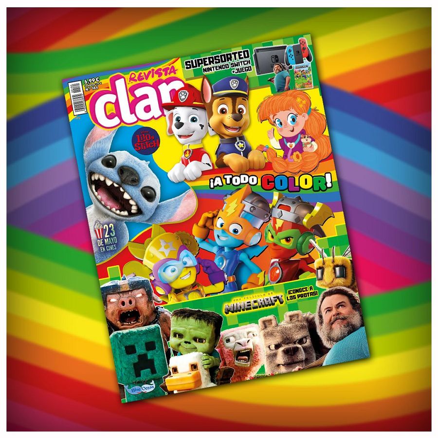 Portada revista Clan (abril 2025, 6,99€).  Personajes infantiles populares,  anuncio de estreno de película y supersorteo.  Titular: "¡A TODO COLOR!"