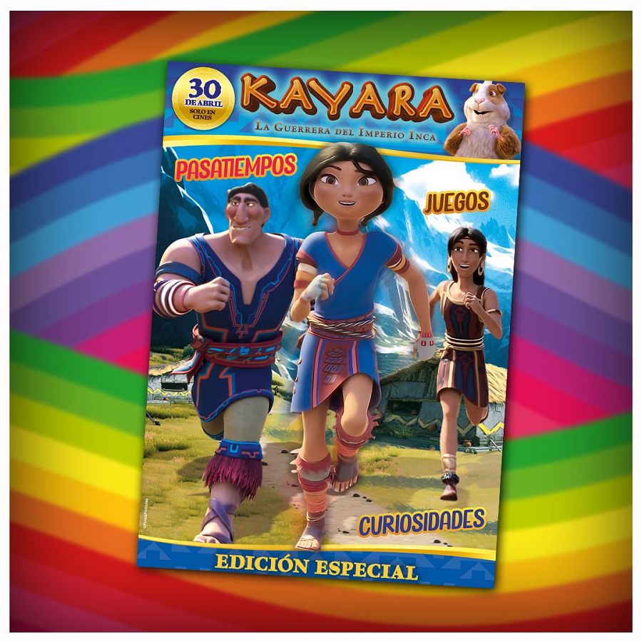 Portada de revista con tres personajes animados corriendo en paisaje montañoso; incluye secciones de pasatiempos, juegos y curiosidades.  Edición especial de abril.