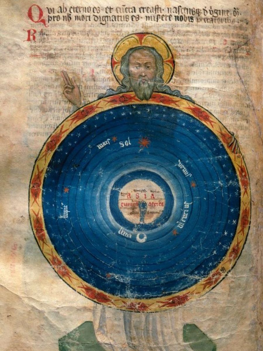 Miniatura del Llibre Vermell de Montserrat: El Creador, con halo y túnica, en un universo circular azul con estrellas y etiquetas en latín.  Borde dorado y rojo.