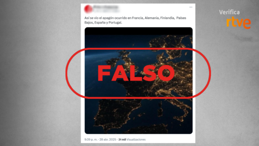 Publicación de X que comparte una foto de IA y la presenta como si fuera una imagen real del apagón eléctrico