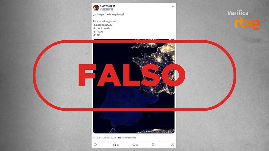 Publicación de X que difunde una imagen falsa como si mostrase el apagón masivo