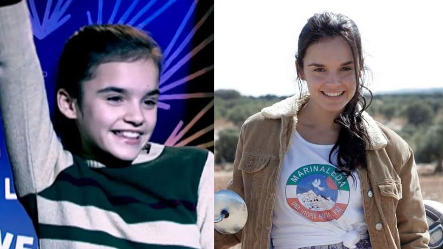 Imágenes de Melody niña y joven: una en un plató, con jersey de rayas; otra en paisaje rural, con camiseta que muestra el logo "MARINALEDA".