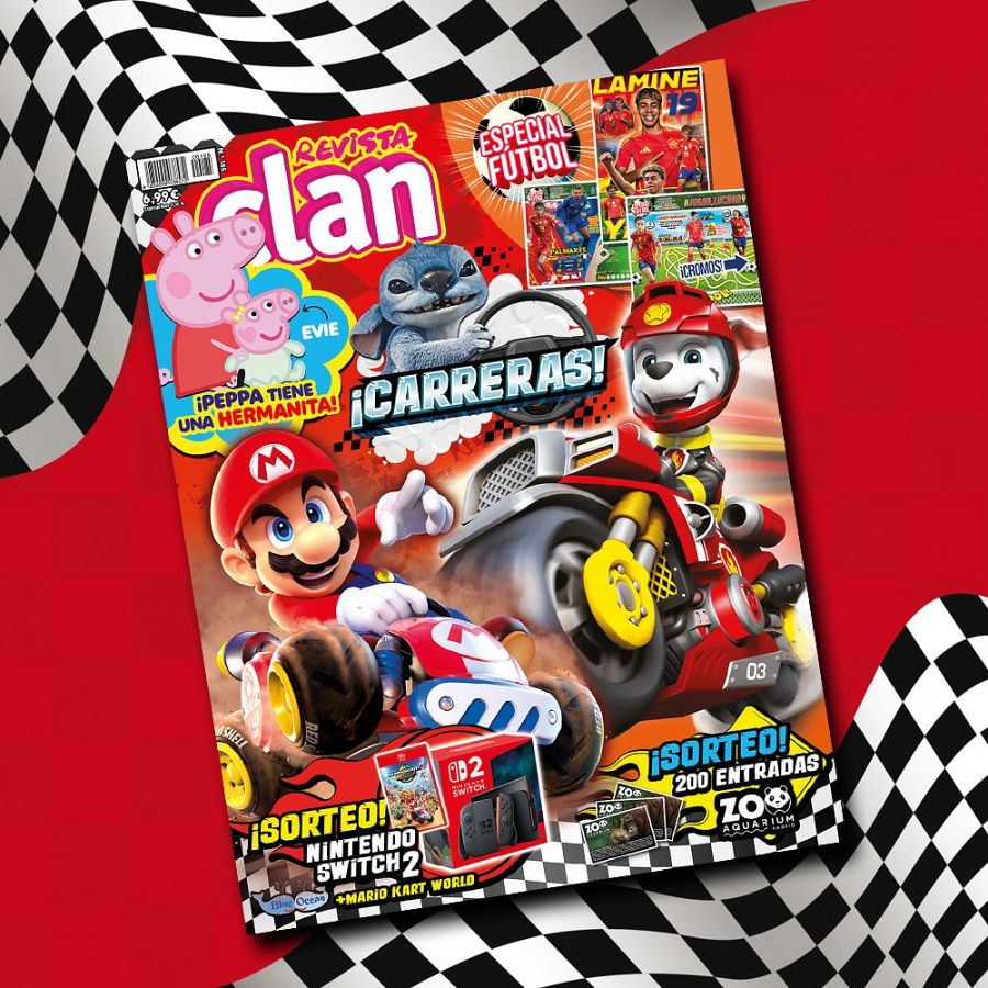 Portada de revista infantil sobre carreras con Peppa Pig, Mario Kart, Marshall y Stitch.  Sorteo de Nintendo Switch 2 y entradas al zoo. Precio: 6,99€.