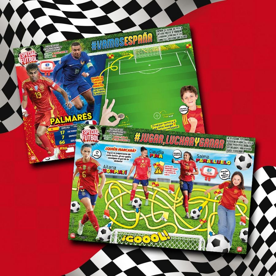 Revista Clan, mayo 2025: especial Liga de Naciones con actividades infantiles sobre fútbol masculino y femenino español.  Se incluyen jugadores identificables y resultados de partidos.