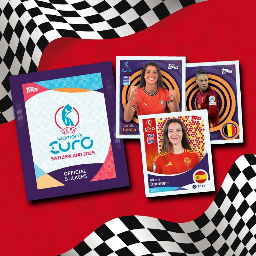 Sobre y tres cromos de la UEFA Women's EURO 2025; se aprecian dos jugadoras identificadas (España y Portugal) y una tercera no identificada.