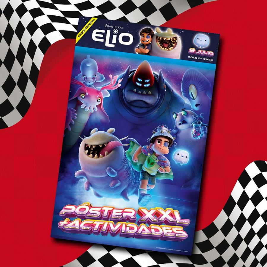 Portada de revista con niño y alienígenas en un fondo espacial, anunciando el estreno de una película infantil con póster y actividades incluidas.  Fecha de estreno: 9 de Julio.