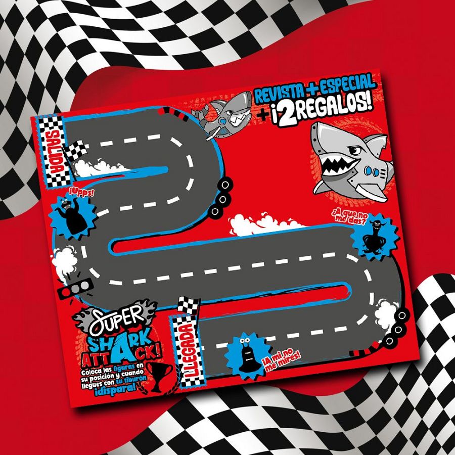 Portada revista Clan Mayo 2025: juego de carreras con circuito, personajes (incluyendo tiburones robóticos), frases y dos regalos. ¡Diversión asegurada!