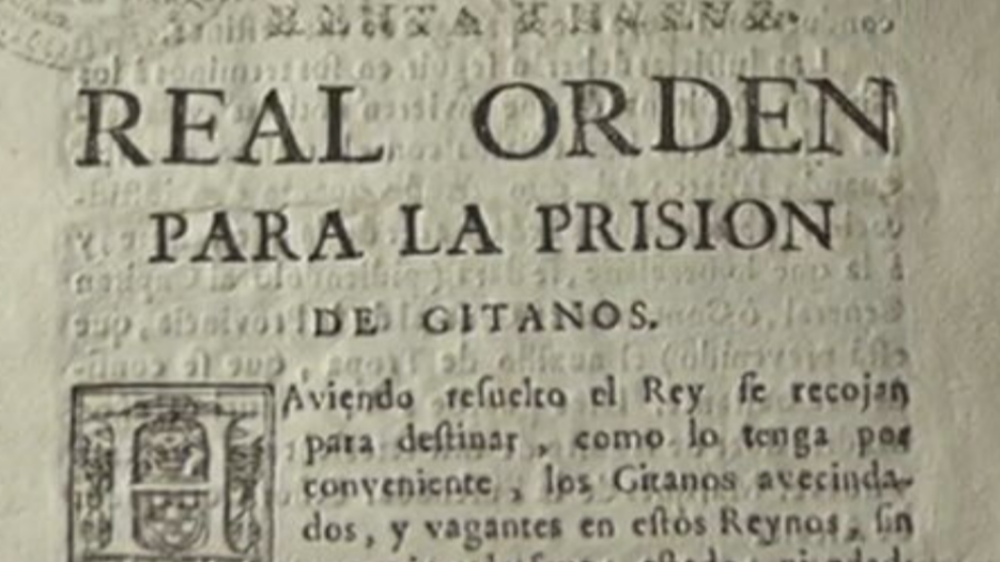 Real Orden antigua sobre la prisión de gitanos. Fragmento visible: decisión real de recoger gitanos avecindados y vagantes.