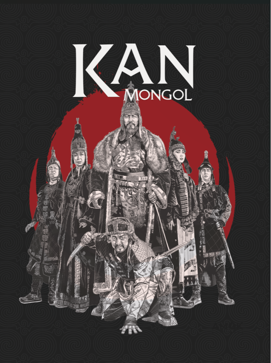 Portada de cómic con personajes en vestimentas mongolas; uno destaca con túnica larga y tocado, en círculo rojo sobre fondo negro con espirales.