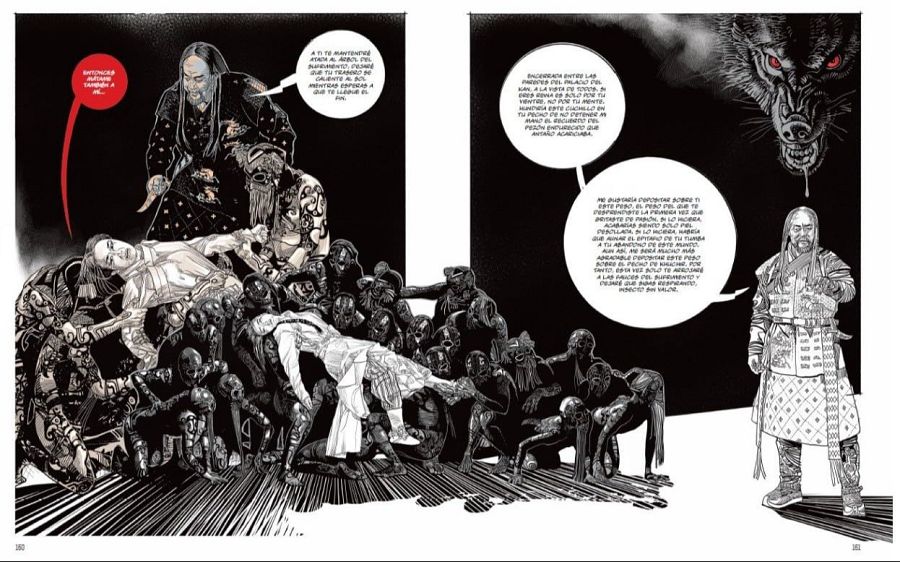 Páginas de un cómic europeo: una escena de sacrificio con texto amenazante y otra con un hombre, un lobo y un mensaje sobre una virgen y un perdón.