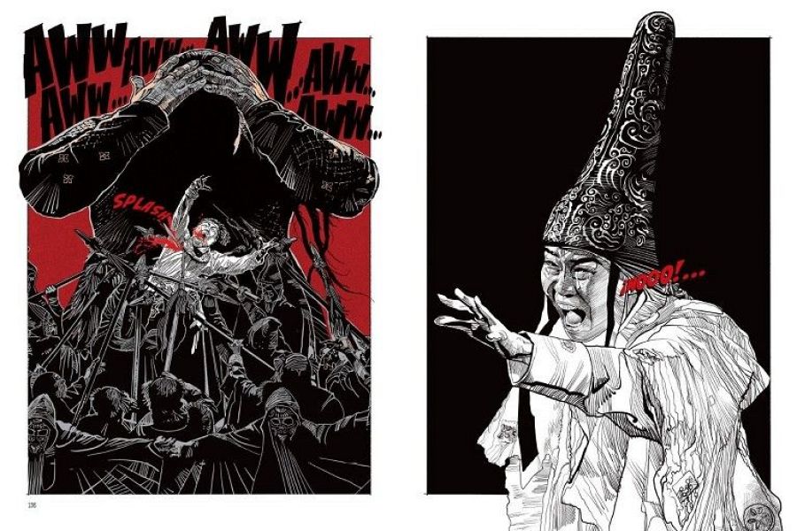 Escenas de cómic en blanco y negro con onomatopeyas como "AWW" y "¡ARGG!…", mostrando figuras en angustia y una batalla violenta con sangre.