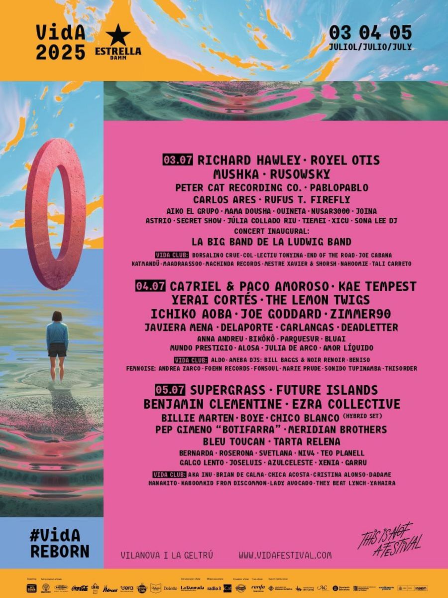 Cartel Vida Festival 2025 (3-5 julio):  Programación completa con artistas diversos, imagen de persona en agua y gran "0".