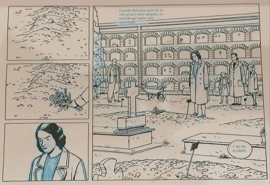 Viñetas de cómic mostrando a una mujer visitando una tumba en un cementerio, acompañada de dos niñas.  Un cartel dice "Y NO ME OLVIDES".