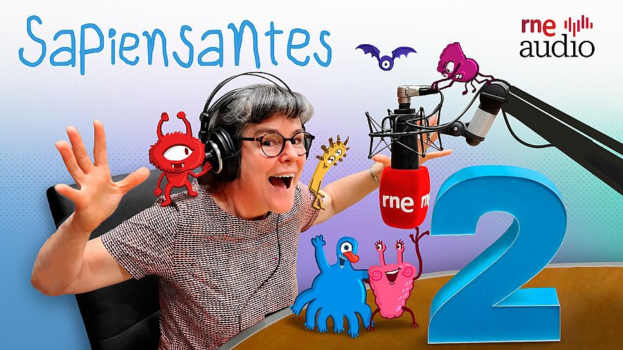 Promoción del programa de radio "Sapiensantes" con Xaviera Alegría.  Presentadora con micrófono, rodeada de ilustraciones de microorganismos, y un destacado número "2".